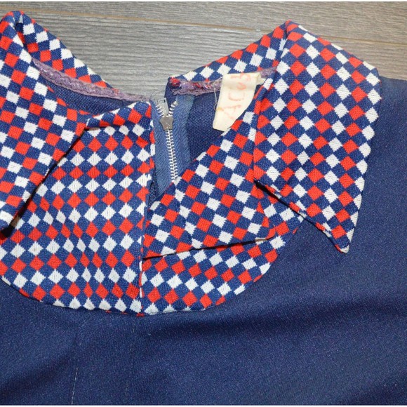 Drop waist 60s 70s MCM Butterfly Collar Short Sleeve diamond Argyle Dress - Picture 4 of 10